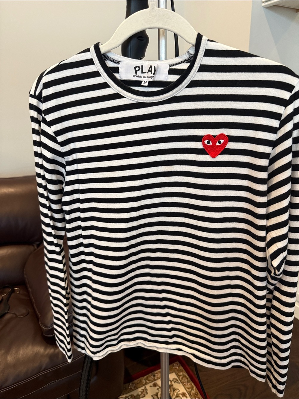 Comme des Garcons PLAY Black & White Striped Long-Sleeve Tee with Red Heart